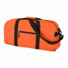 Bright orange duffel bag with black straps and a front zippered pocket.