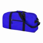 Bright blue duffel bag with black straps and a zippered front pocket.