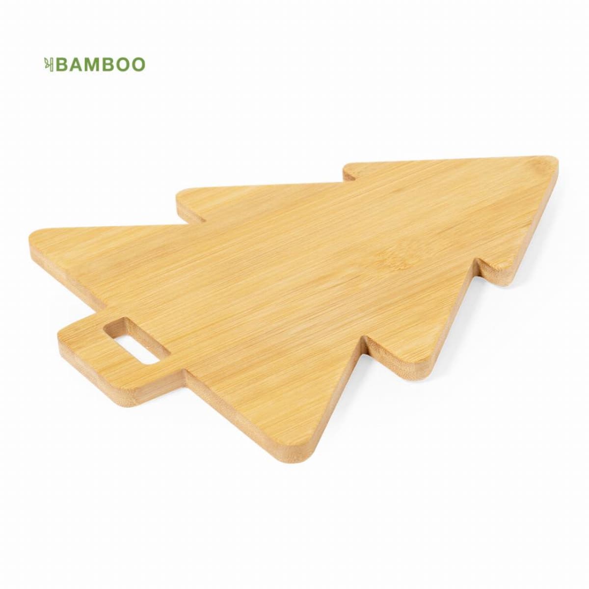 Bamboo cutting board shaped like a Christmas tree on a white background.