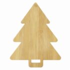 Wooden cutting board shaped like a Christmas tree, viewed from above.