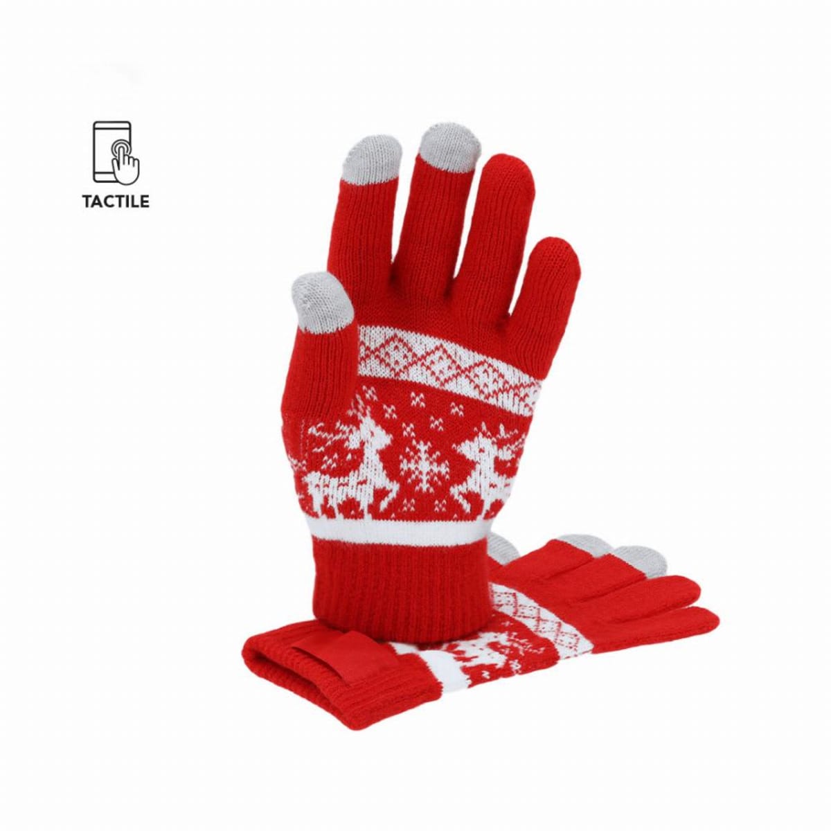 Red winter gloves with white reindeer pattern and gray touchscreen fingertips.