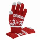 Red knit gloves with white reindeer pattern and gray touchscreen fingertips.