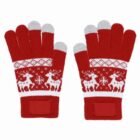 Red gloves with white reindeer and snowflake patterns, gray fingertips, and red wrist patches.