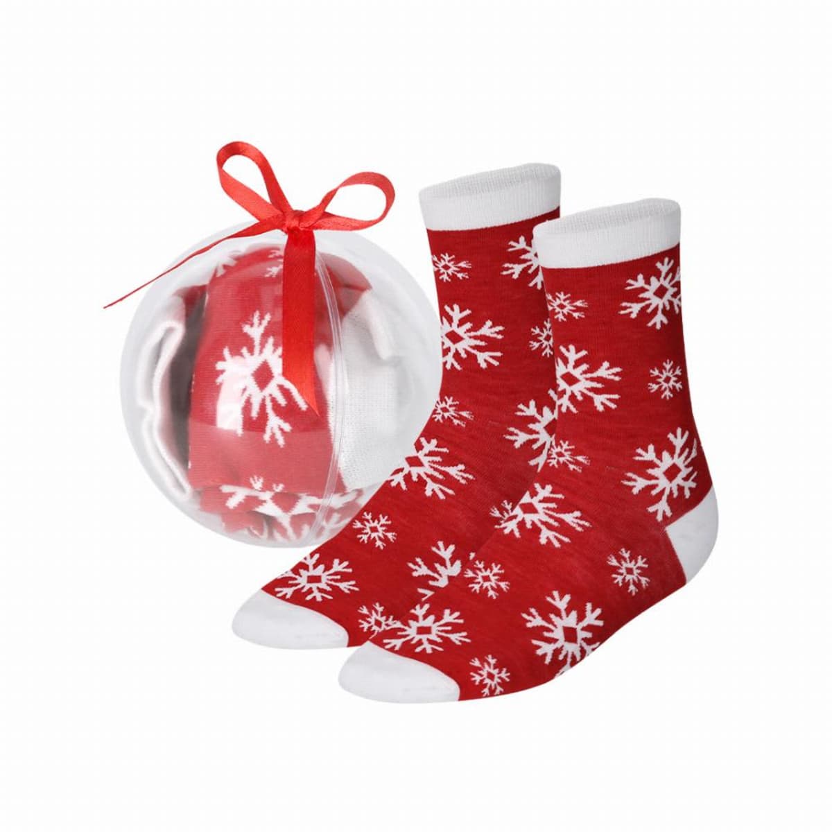 Red socks with white snowflakes and white toes, packaged in a clear ornament with a red ribbon.