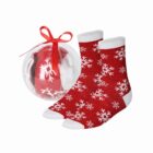 Red socks with white snowflakes and white cuffs, toes, and heels, plus gift packaging.