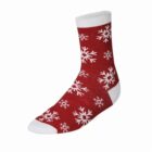Red sock with white snowflakes and white heel, toe, and cuff.