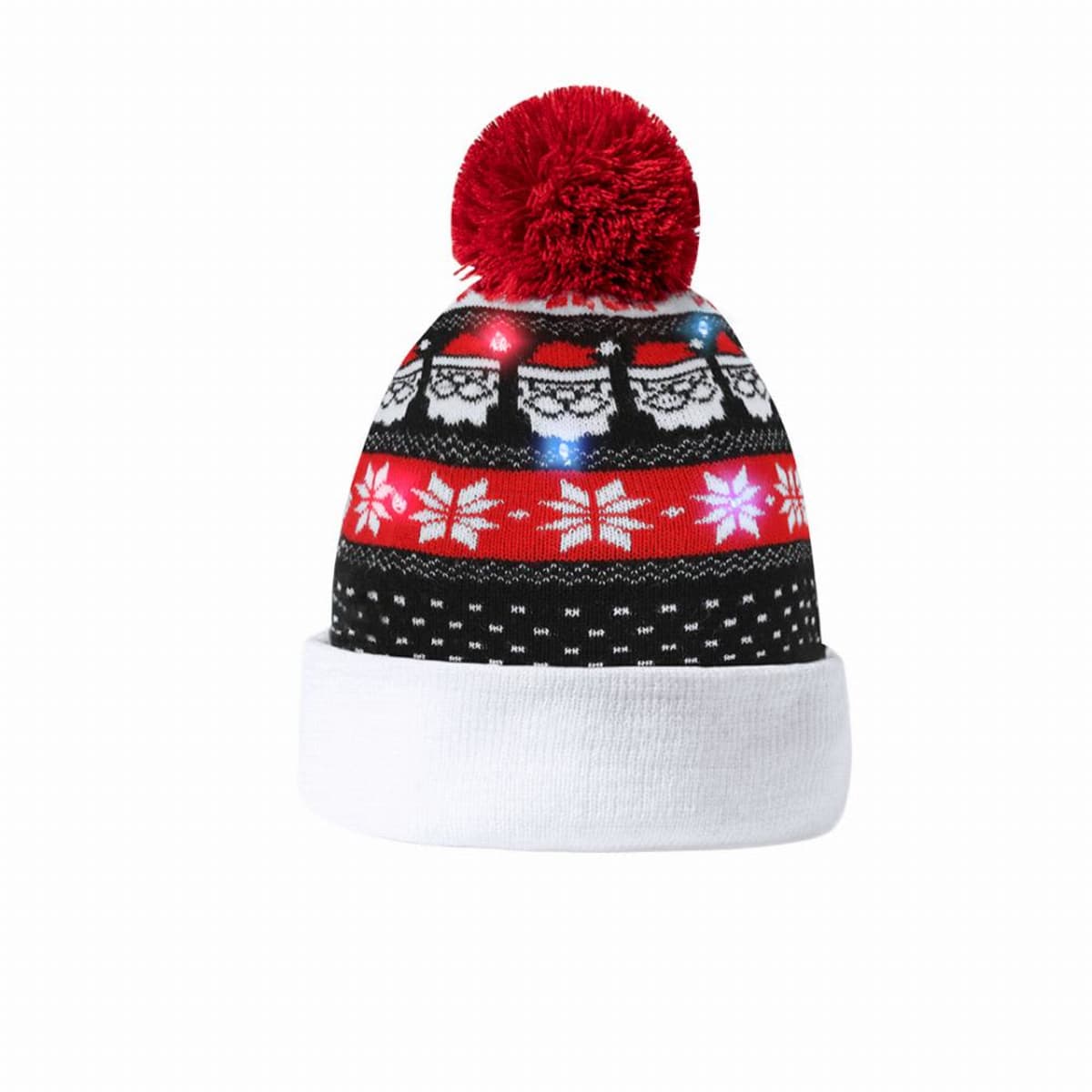 21277-000-11 A knit winter hat with Santa faces, snowflakes, a red pompom, and white folded brim.