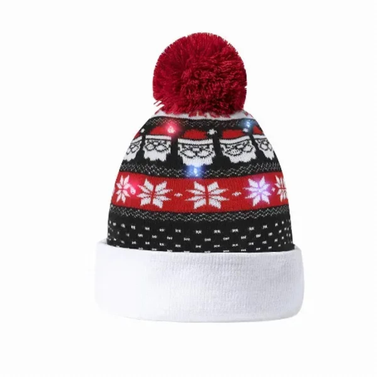 Knit winter hat with Santa faces, snowflakes, red pom-pom, and white brim.