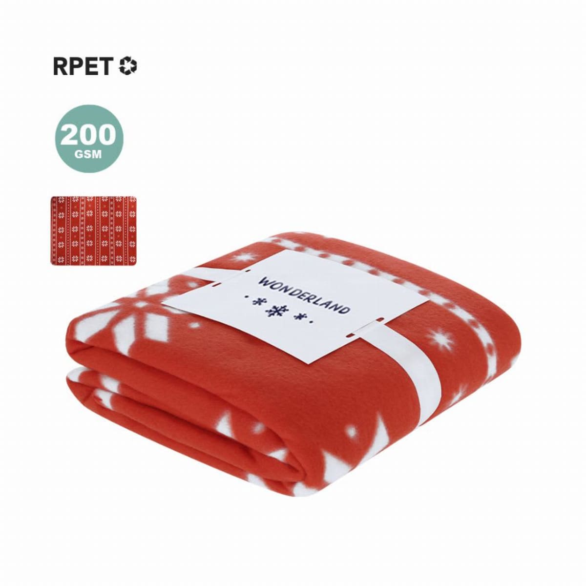 Folded red and white snowflake blanket labeled WONDERLAND, with a 200 GSM mark.