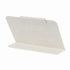 A white, rectangular, foldable tablet or phone stand on a plain background.