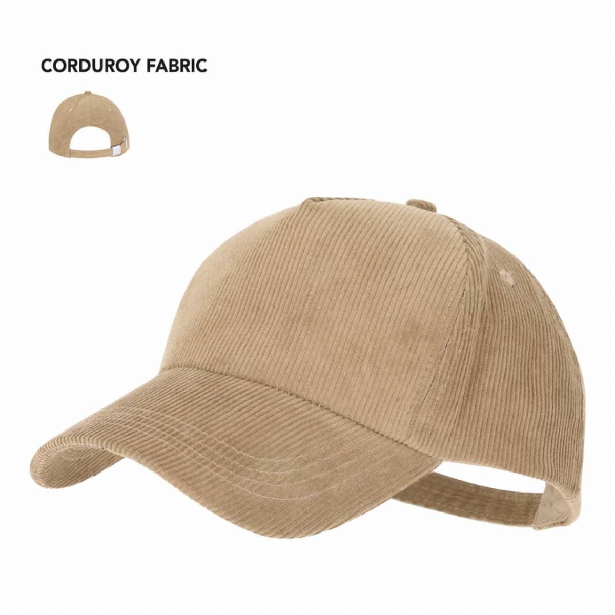 Beige corduroy baseball cap with adjustable strap, shown from side and back views.