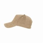 Beige corduroy baseball cap viewed from the side on a white background.