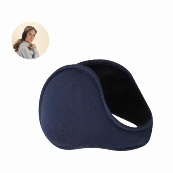 Dark blue earmuffs with a woman wearing them shown in a small inset image.