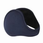 Navy blue fleece ear warmer wrap with a curved shape, designed to fit around the ears.
