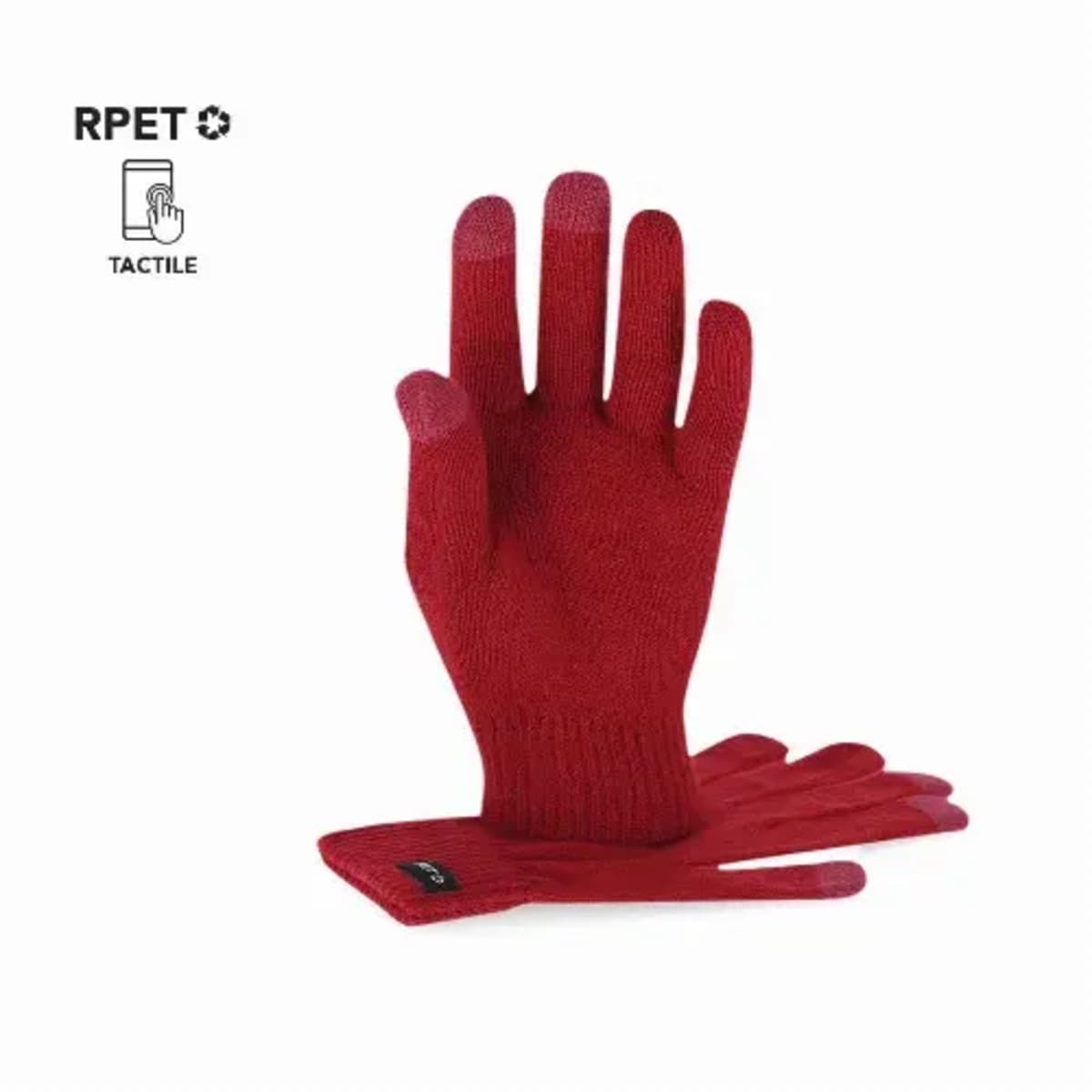 Red touchscreen gloves made from recycled materials, one glove upright, one lying flat.