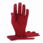 A pair of red knit gloves, with touchscreen fingertips, on a white background.