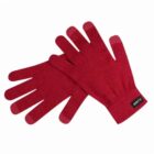 A pair of red knit gloves with touchscreen-compatible fingertips.