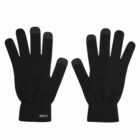A pair of black knit gloves with touchscreen fingertips, laid flat on a white background.