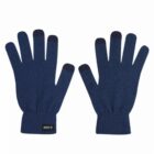 Pair of blue knit gloves with black tips on thumb, index, and middle fingers, palms down.