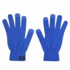 A pair of blue knit gloves with touchscreen tips on the index finger and thumb.
