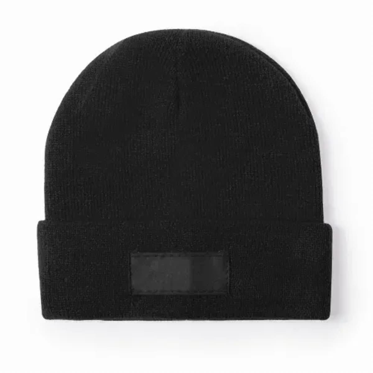 Black knit beanie with a folded brim, displayed against a white background.