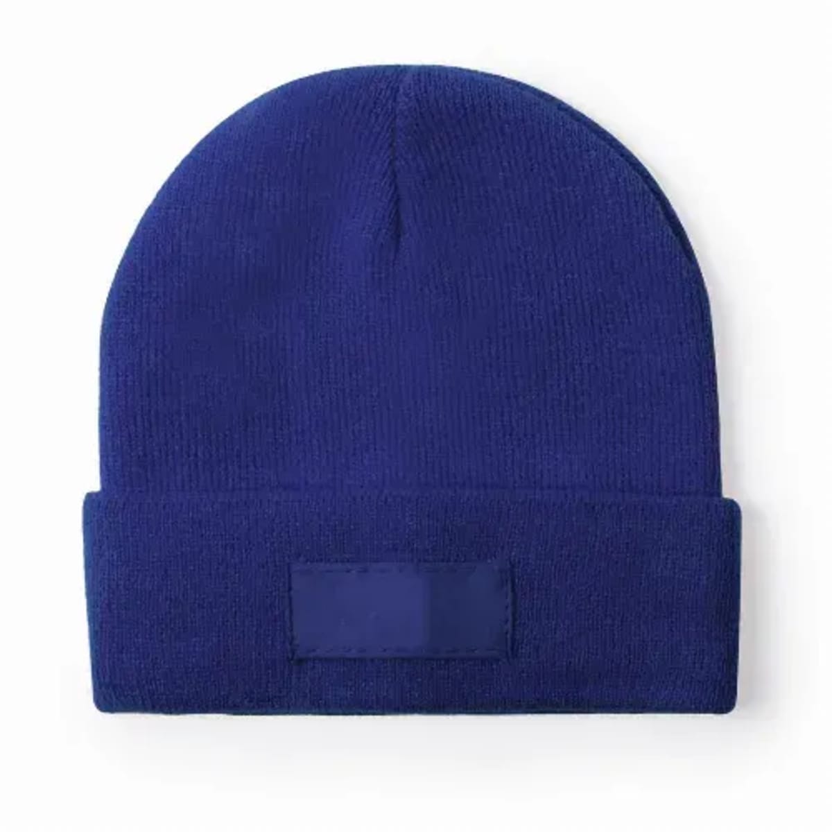 Royal blue knit beanie hat with a folded brim on a white background.
