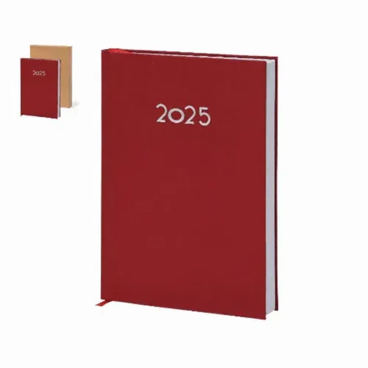 Red 2025 planner with silver text, standing upright; smaller tan planner in background.