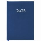 Blue 2025 diary or planner with silver text on the cover, closed and upright.