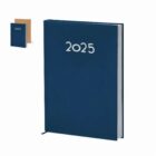 Blue 2025 planner notebook with silver text and a ribbon bookmark, plus a brown version.