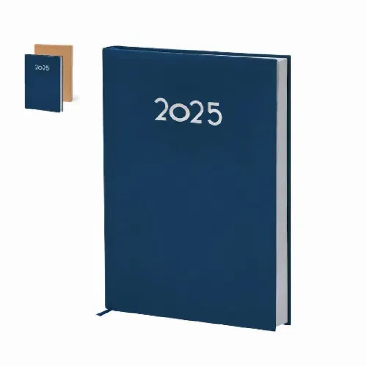 Blue 2025 planner notebook with silver text and a ribbon bookmark, plus a brown version.