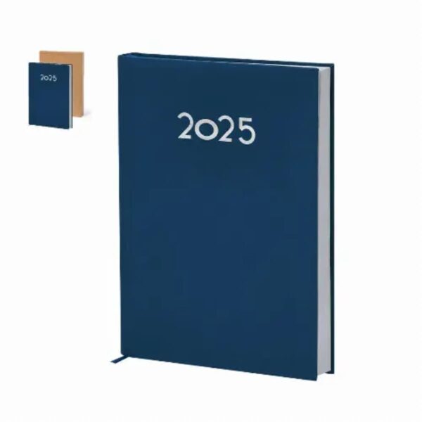 Blue 2025 planner notebook with white text on the cover, small brown version in corner.