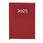 Red 2025 planner with silver numbers on the cover, closed and viewed from the front.
