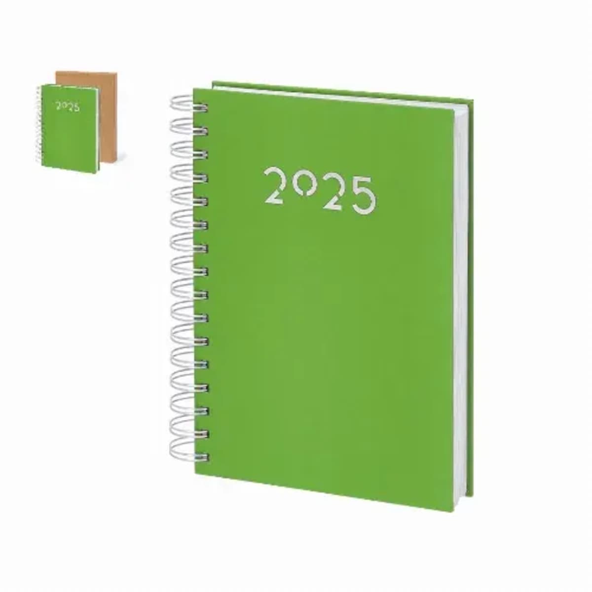 Green 2025 spiral-bound planner with white numbers and a brown version in the background.