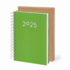 A green 2025 spiral planner and a plain brown notebook stacked together.