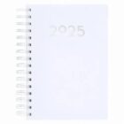 White spiral notebook with 2025 embossed on the cover.