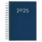 A blue spiral-bound planner with 2025 in silver on the cover.