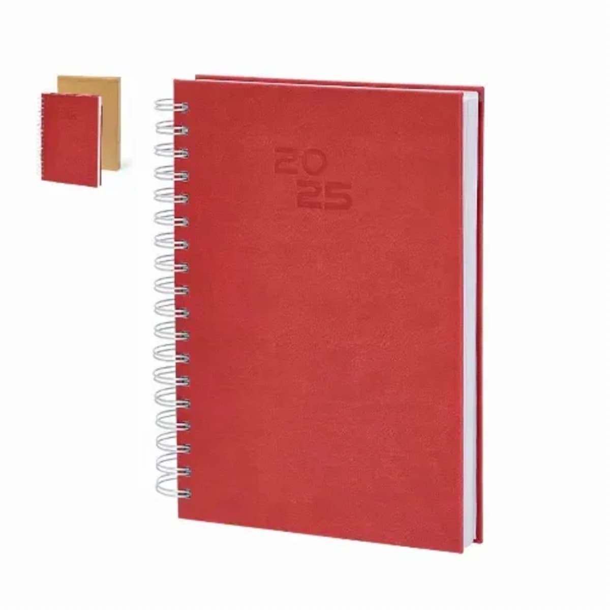 Red 2025 spiral notebook with embossed cover, small tan notebook in background.