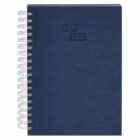 A navy blue spiral-bound planner with 2025 embossed on the cover.