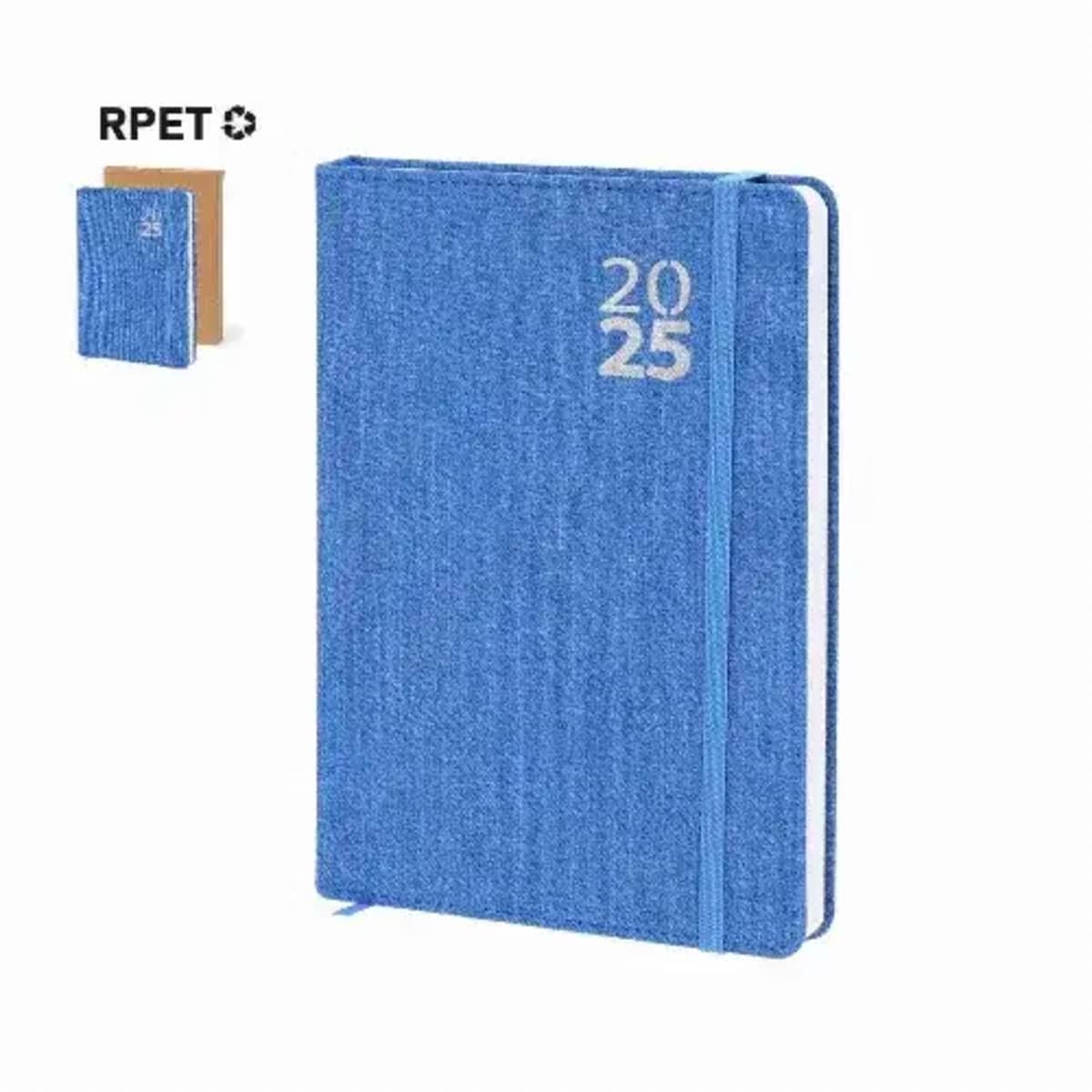 Blue 2025 planner with elastic band, RPET material, and a small inset of a brown variant.