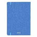 Blue fabric notebook with light blue elastic bands and RPET recycle logo on the cover.
