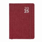 A red 2025 planner with a fabric cover and an elastic band closure.