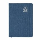 Blue 2025 planner with fabric cover and elastic band.