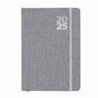 Gray 2025 planner notebook with elastic band and textured fabric cover.