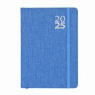 Blue 2025 planner notebook with elastic band closure, vertical textured cover design.