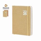 Brown 2025 planner with elastic band, made from recycled cardboard, on a white background.