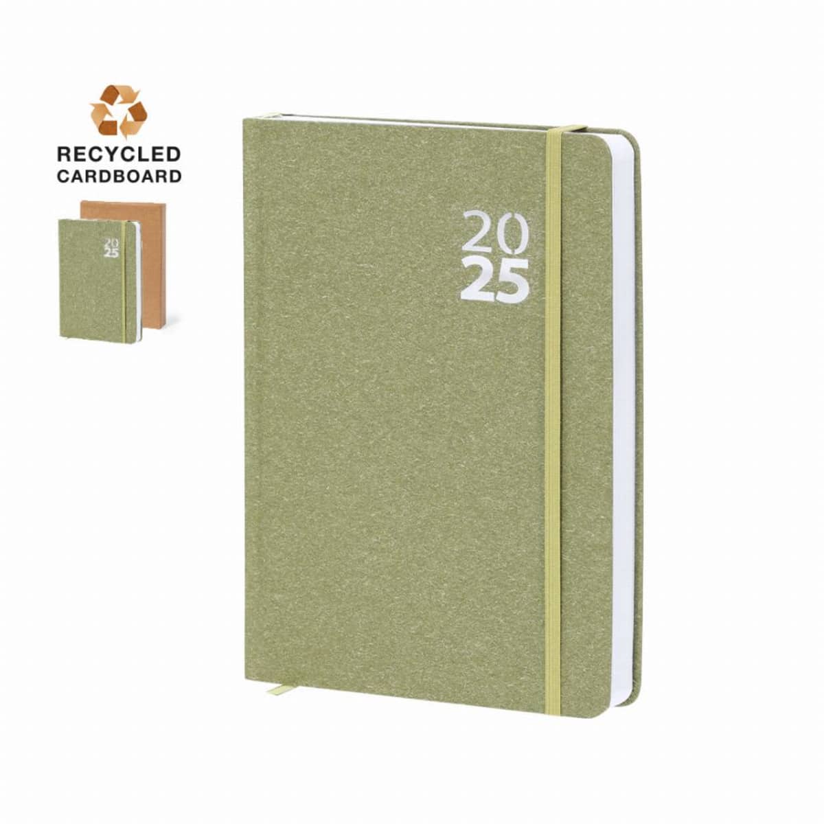 Green 2025 planner with elastic band, made from recycled cardboard, small brown version shown.