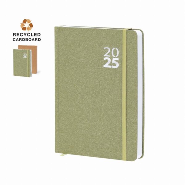 Green 2025 planner with elastic band, made from recycled cardboard, on a white background.