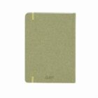 Closed, plain brown notebook with rounded corners and two yellow elastic bands on the cover.