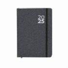 Gray 2025 planner with an elastic band and rounded corner on a white background.