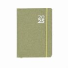 Green 2025 planner with an elastic band closure on a plain white background.